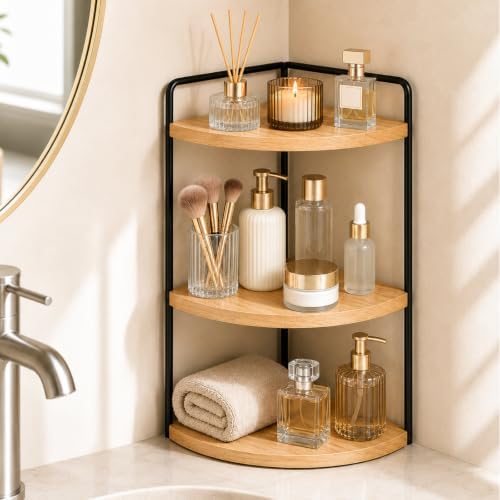 3-Tier Corner Bathroom Countertop Organizer, Solid Pine Wood