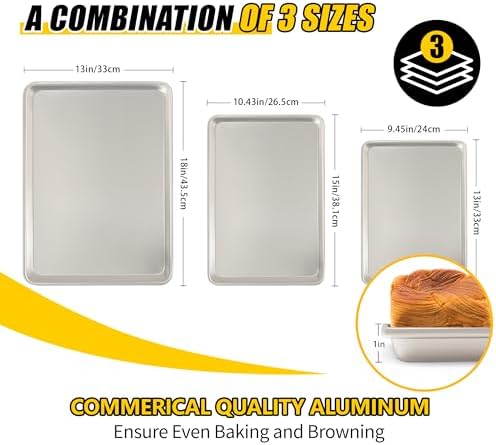 Baking Sheet Pan Set of 3, Commercial Quality Aluminum Cookie Sheets