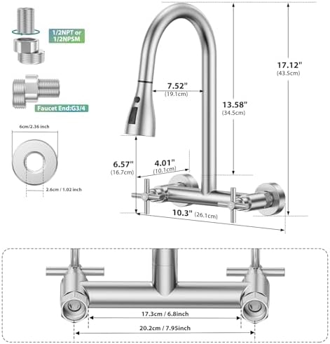 HURRAN Wall Mount Kitchen Faucet with Pull-Down Sprayer, Brushed