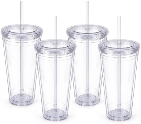 Zukro Clear Double Wall Plastic Tumbler with Lid and Straw 32 oz