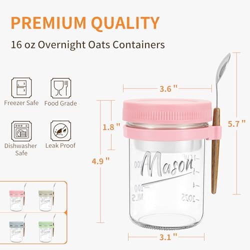 Xyptorix 4 Pack 16oz Glass Overnight Oats Containers with Lids &