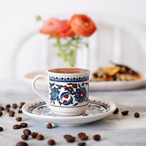 Turkish Coffee Cups Set of 2 with Saucers and Cup Holder, Ceramic