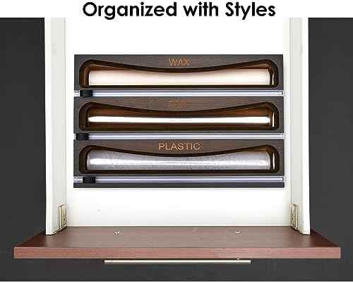 Bamboo Wrap Dispenser with Cutter, Plastic Wrap Organizer, Aluminum Foil Organization, and Wax Paper Dispenser Holder for Kitchen Drawer and Wall, Compatible with 12" Roll (03 Vintage Brown)
