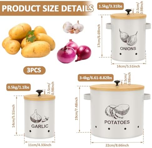 3Pcs Vegetable Storage Tin with Bamboo Lid, Carbon Steel Stackable