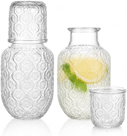 2 Set Bedside Water Carafe and Glass Set, 18oz Nightstand Pitcher with