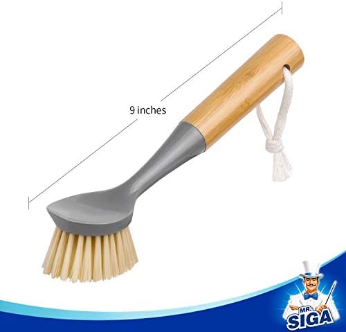 MR.SIGA Dish Brush with Bamboo Handle Built-in Scraper, Pack of 2