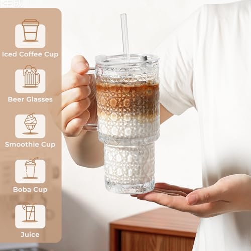17oz Water Glass Tumbler with Handle & Lid Coasters, Reusable Iced