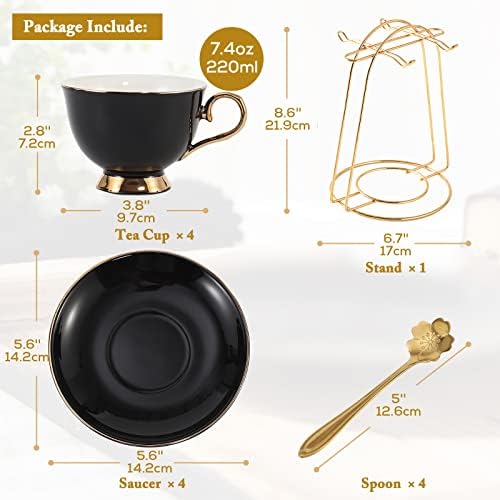 DUJUST Tea Cups and Saucers Set of 4 (7.4oz), Luxury Tea Cup Set with