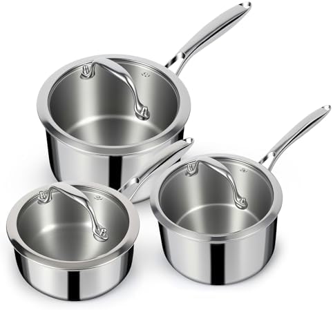 EWFEN 3 Ply Stainless Steel Sauce Pan Set with Lids, 1 & 2 & 3 Quart