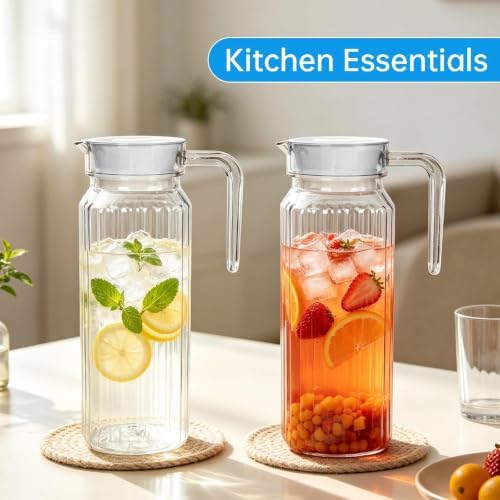 2 Pack Plastic Pitcher with Lid and Handle, Unbreakable Acrylic Juice