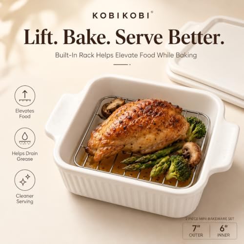 7-Inch Square Ceramic Baking Dish Set with Lids and Racks, 2 Pack