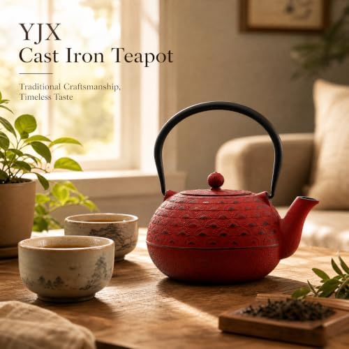 YJX Cast Iron Teapot, 60.9 fl oz, Red