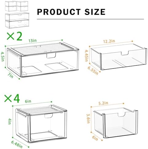 caktraie 6-Pack Acrylic Stackable Storage Drawers for Vanity, Desk