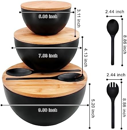 ECOWAY Salad Bowls Set of 3 with Lid & Serving Utensils, Bamboo Fiber Mixing Bowls Set Large Serving Bowls & Storage Set with Bamboo Lid for Salad, Kitchen Eating, Pasta, Popcorn, Chips, Fruit, Black