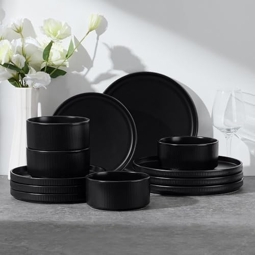 E-far 12-Piece Plates and Bowls Sets, Stoneware Dinnerware Dishes Set