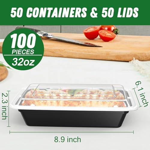 50 Pack (100-Piece) 32 oz Meal Prep Containers with Easy Open Lids