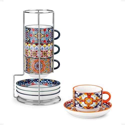 vancasso 4 Oz Bohemian Espresso Cup Set of 4, Ceramic with Saucers