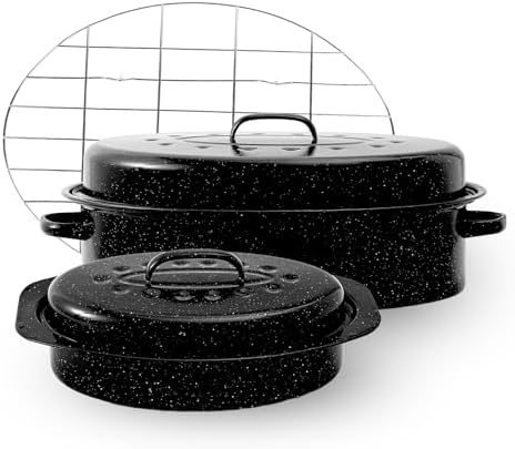 Enamel Roasting Pan With Lid and Rack 13" 18"Granite Roaster Pans Set With Rack Suitable Cooking Poultry Baking Turkey Bread Beef High Temperature Resistance,Dishwasher Safe,Holiday Gifts CookWare