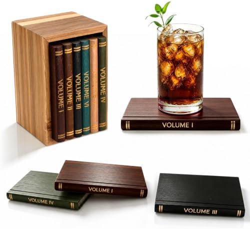 Book Coasters Set of 6 | Wood Coasters - Book-Style Decorative Wooden