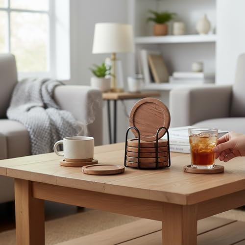 Acacia Wood Round Coasters Set of 6 with Holder – Absorbent Drink