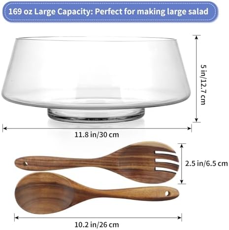 MOLIGOU Large Glass Salad Bowl with Acacia Wood Serving Utensils
