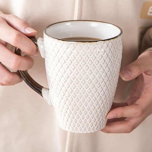 Ceramic Coffee Mug Set - 16 Oz Large Coffee Mugs - Embossed Stoneware