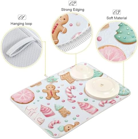 Emelivor Pink Green Christmas Gingerbread Dish Drying Mat for Kitchen