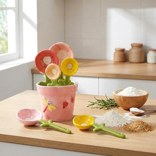 5 Set Ceramic Flower Measuring Spoons with Pot Holder
