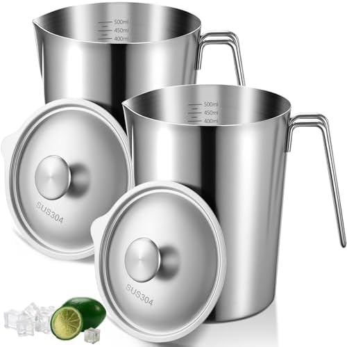 2 Pcs 16 oz Stainless Steel Pitcher with Lid(2 Cup, 500 ML)