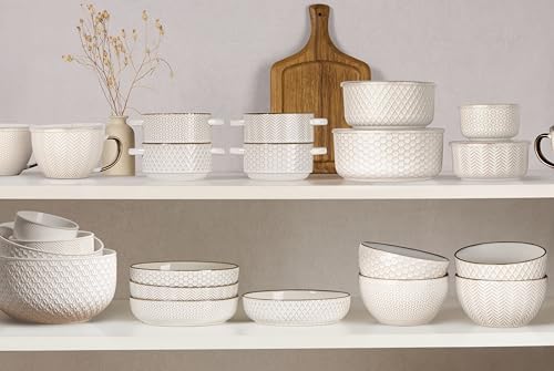 KooK Ceramic Nesting Bowls, Embossed, Oven Safe, Set of 4, Ivory