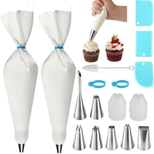 17-Piece Piping Bags and Tips Set, 2 Reusable 16 Inch Cotton Pastry