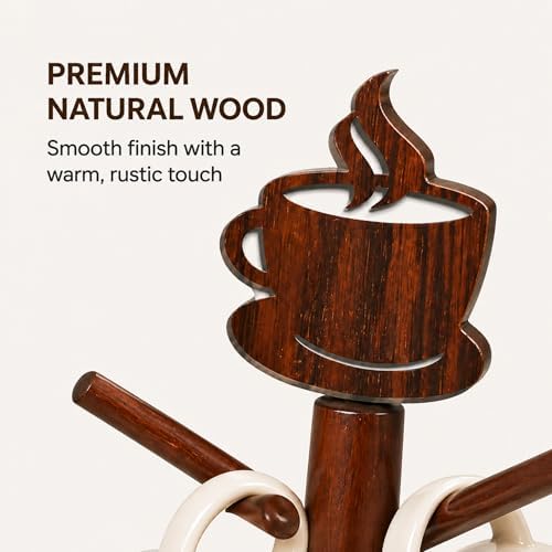 Geelin Coffee Mug Tree with 6 Hooks Holder, Wood Cup Organizer for