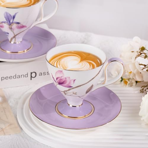 KAMMAK Ceramic Coffee Cups Saucers Set of 2, Porcelain Espresso Cups