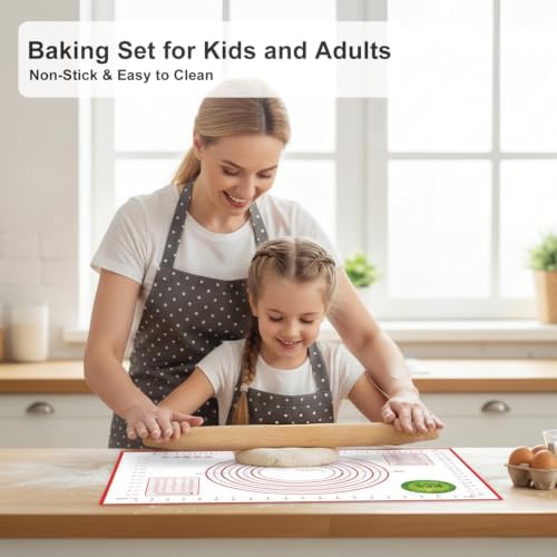Rolling Pin and Silicone Baking Mat Set, Non-Stick Beech Wood Rolling