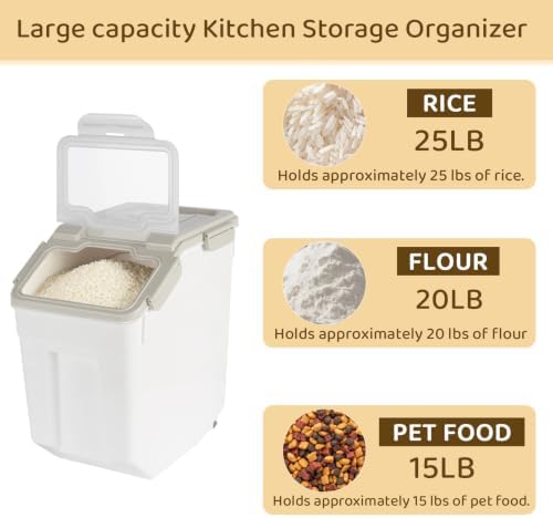25 Pound Large Food Grade Container for Rice Flour Sugar, Grey, 2pcs