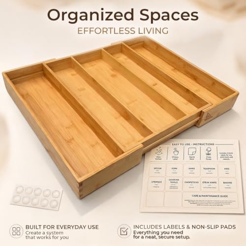 Expandable Bamboo Drawer Organizer for Kitchen Utensils, Adjustable