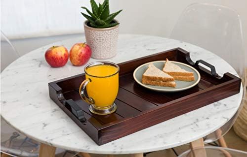 Bamboo Land- Large Wooden Serving Tray with Handle, 20” X 12’’, Dark