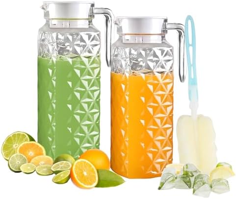 2 Pack 1.1L Plastic Pitcher with Lid and Handle, Unbreakable