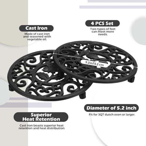 LEIFIDE 4 Pack 5.2 Inch Cast Iron Trivet Round Hot Pot Holder, Black