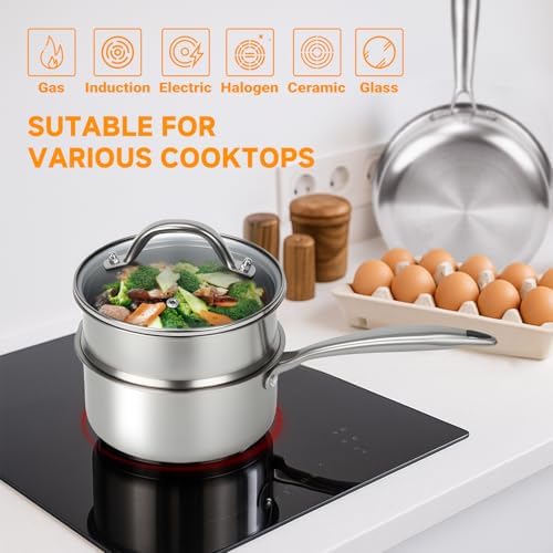 Ohtomber 1.5 Qt Tri-Ply Stainless Steel Saucepan with Steamer Basket &