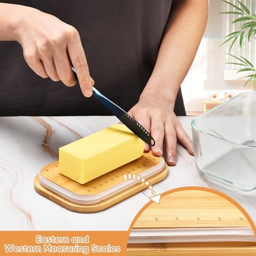 HEKEIEON Glass Butter Dish With Bamboo Sealed Lid - Large Tray for