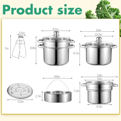 Sawysine Stainless Steel Pasta Pot 6-Piece 10 Quart Cooker Steamer Stock Pot Cookware Set Multipots with Strainer Insert for Home Kitchen