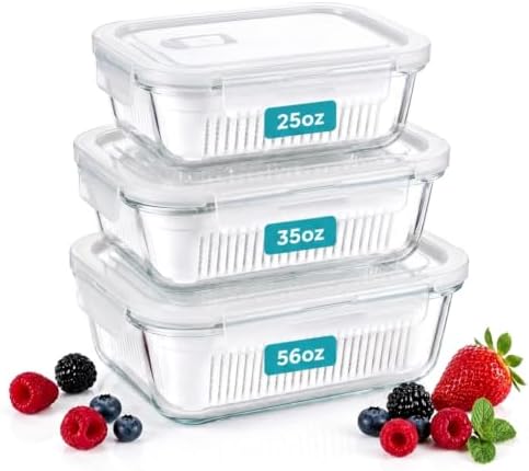 Glass Berry Containers for Fridge, 3 Pack (White)
