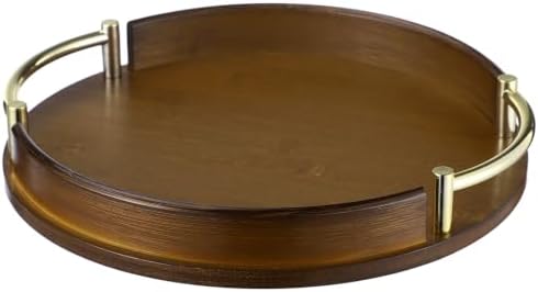Round Decorative Tray with Gold Metal Handles, 11.8 in Wood Serving
