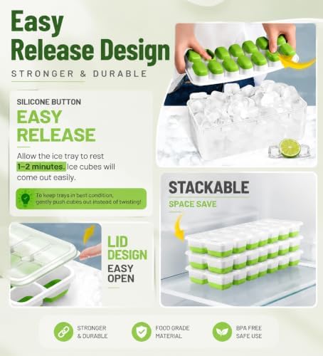 3-Pack Ice Cube Trays with Lids - 42-Cube Durable Silicone & Plastic
