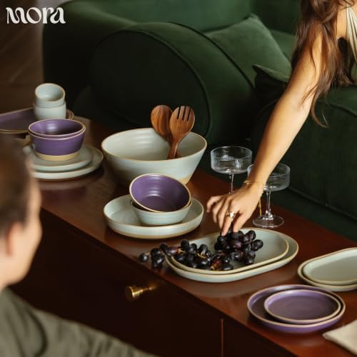 MORA Giant Salad Bowl Set with Wood Salad Servers, 4 qt Large Ceramic