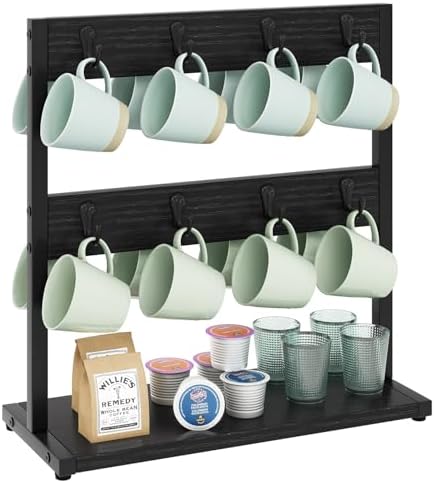 IBUYKE Coffee Mug Holder for Countertop,16 Hook Mug Tree,Black TBJ001B