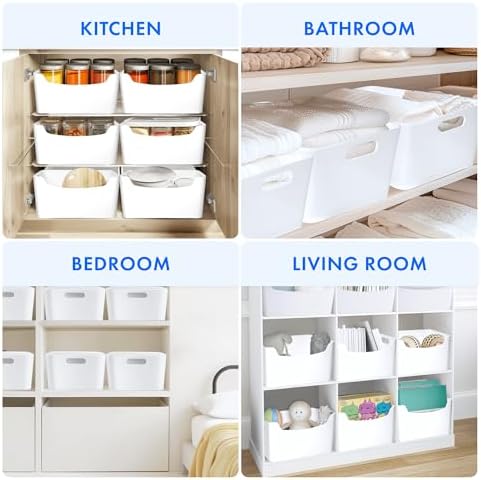 FINESSY White Plastic Storage Bins for Pantry with Handle 2 Pack White