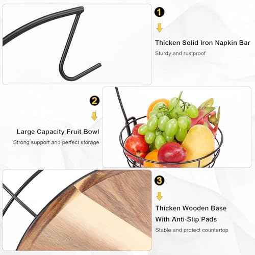 Livabber Countertop Fruit Basket Bowl with Banana Hanger, Modern Standing Fruit Vegetable Bowl Storage, with Banana Tree Holder for Kitchen Dinning Table (Round Wood, Black)