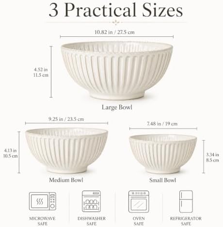 Ceramic Mixing Bowls Set of 3, 4.8/2.9/1.5 Qt